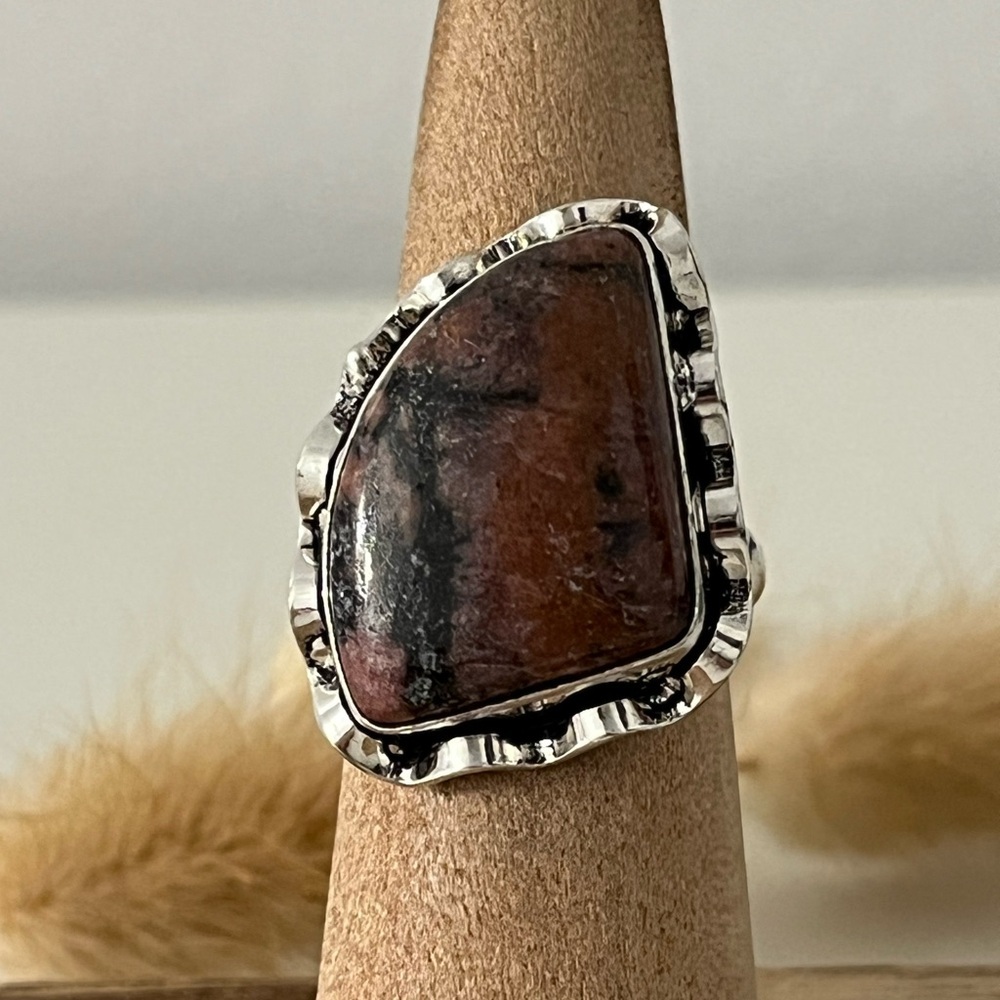 925 Sterling Silver Overlay Rhodonite Gemstone Ring Size 7.75-8